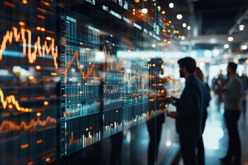 Poster - In a high-tech office setting, data analysts examine vibrant and dynamic stock market graphics on digital screens, showcasing trading activity and market fluctuations.