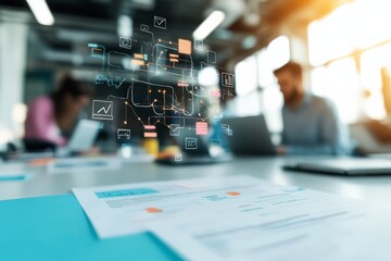 Poster - A digital network interface visualized in an office space showing charts and graphs projected ahead, hinting at cooperation and innovation in a bright workspace.