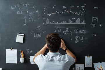 Poster - A man stands focused in front of a chalkboard, analyzing intricate mathematical formulas and graphs representing complex data and information processing.