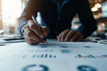 Poster - Close-up of a man's hand writing detailed financial reports, highlighting focus and precision in analyzing data and statistical information in a modern office.
