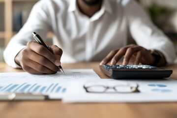 Poster - an office worker writing with a pen and using a calculator alongside paper graphs, representing manu