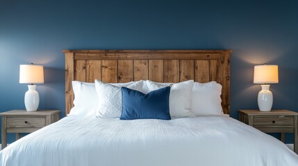 Wall Mural - The serene bedroom is elegantly designed with a charming wooden headboard, crisp white bedding, and calming blue walls, making it an ideal space for both relaxation and creative inspiration