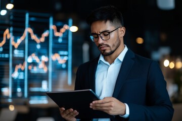 Poster - A businessman in a suit and glasses intensely studying digital graphs on a tablet, representing focus, financial analysis, and strategic decision-making.