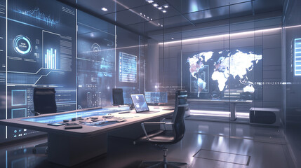 Poster - Holographic interface with data streams and interactive charts projected in a futuristic office, emphasizing AI and digital analysis.
