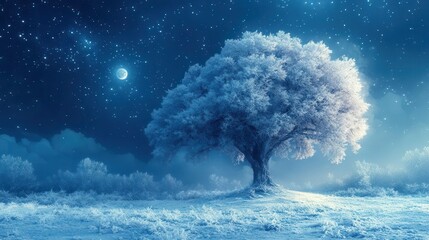 Wall Mural - majestic tree adorned with glistening snow under a starry night sky, surrounded by a winter forest, enveloped in tranquil blue hues and soft moonlight, leaving ample space for text