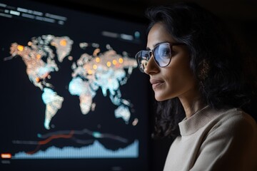 Poster - A woman uses a large digital screen to review global data, emphasizing the modern reliance on technology and analytics to make informed international decisions.