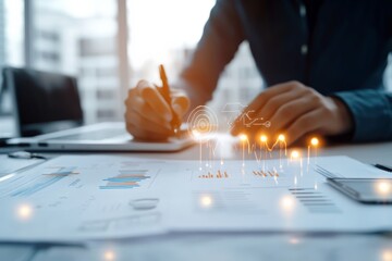 Poster - An individual at a desk closely examines financial charts and data on paper, while digital graphs and numbers overlay the scene, symbolizing modern analysis methods.