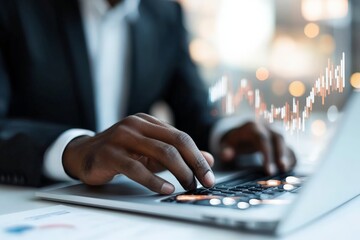 Poster - A pair of hands works on a laptop, the scene enhanced with an overlay of digital data, symbolizing the fusion of technology and human endeavor in modern work.