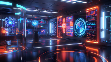Poster - Holographic interface with data streams and interactive charts projected in a futuristic office, emphasizing AI and digital analysis.
