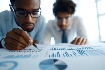 Poster - Two focused men, possibly analysts or business professionals, are intensively studying charts and graphs in an office, indicating analysis and teamwork.