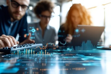 Poster - A team of professionals collaborates on financial data analysis, with futuristic graphs and charts projected on a digital surface, showing dynamic trends and insights.
