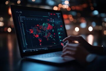 Poster - A digital map of the world is displayed on a laptop screen, accented by red and green hues in a dimly lit room, signaling global digital monitoring.