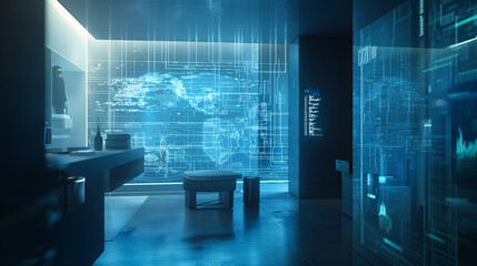 Poster - Holographic interface with data streams and interactive charts projected in a futuristic office, emphasizing AI and digital analysis.