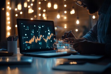 Poster - A man works on financial graphs on a laptop, surrounded by dim lights, indicating data analysis and digital technology in an abstract setting.