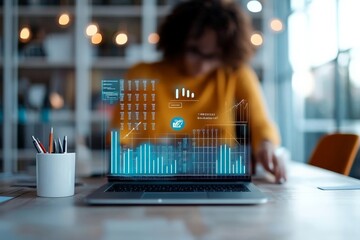 Poster - A woman uses a laptop with a floating holographic data display, emphasizing innovation, digital technology, and the merging of physical and virtual worlds.