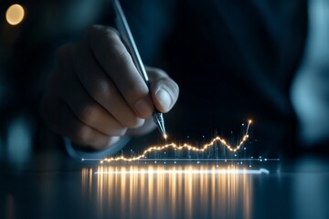 Poster - An individual uses a pen to draw a glowing line graph representing financial growth and innovation, symbolizing success and futuristic business trends.