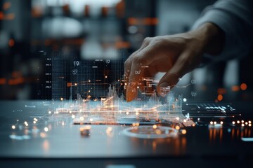 Poster - A hand reaches out towards a digital display of stock charts and data projections, illustrating a modern connection with financial technology and markets.