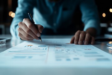Poster - an individual intensely studies various charts and graphs on paper, with a focus on financial analyt