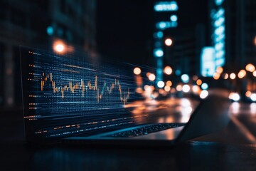 Poster - A laptop displaying a glowing financial graph against a blurred city background, representing modern finance and digital analysis in an urban environment.