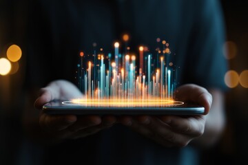 Poster - A smartphone projecting dynamic holographic data streams in various colors, symbolizing connectivity and advanced communication in a digital world.