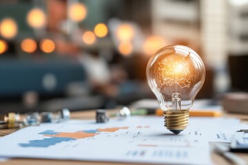 Poster - A light bulb is placed on top of printed documents with graphs, symbolizing the emergence of innovative ideas, creativity, and illuminating solutions in business contexts.