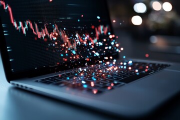 Poster - A laptop screen displays a vivid stock market graph, with digital particles bursting out, symbolizing data transfer or financial trends analysis.