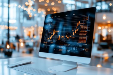 Poster - A modern computer screen displays a detailed stock market analysis with dynamic charts, indicating significant data trends in a futuristic, technology-driven environment.