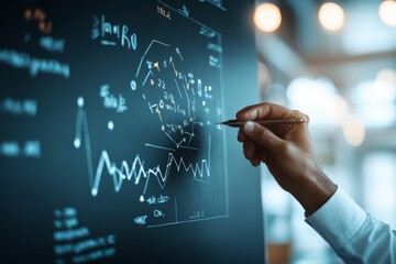 Poster - A person using a pen to write complex mathematical calculations on a transparent board in a bright, bustling office setting with overhead lights.
