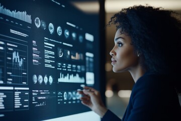 Poster - A determined woman in professional attire interacting with a large digital data display illuminated by bright lights, showcasing statistics and graphics.