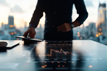 Poster - A person interacts with a glowing digital interface displaying stock market graphs, implying technology and focus in a financial or business setting.