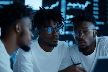 Poster - This image captures a trio of colleagues engaged in conversation against a backdrop of digital screens showing data charts, symbolizing teamwork and tech collaboration.