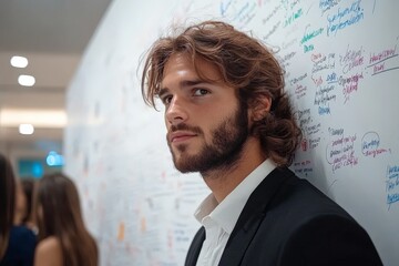 A confident young man poses before a whiteboard filled with colorful ideas and notes, representing creativity, planning, and innovation in a modern professional environment.