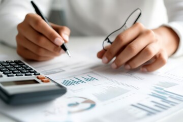 Poster - A person examines financial data charts with a pen and calculator, focusing on business analysis and strategic planning for enhanced decision-making processes.