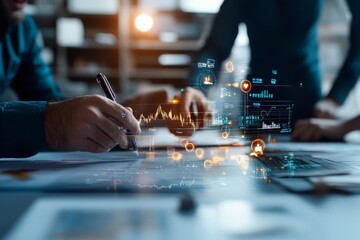 Poster - A team engages in futuristic technology-driven analysis of market trends, utilizing digital tools and data for insightful financial decision-making and forecasting.