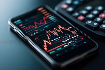 Poster - This image presents a close-up view of a mobile phone screen displaying dynamic financial market trends and graphs, capturing the essence of modern investing and information access.