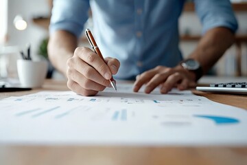 Poster - A person meticulously analyzing and marking graphs and charts on document papers, suggesting analytical work or financial planning in an office environment.