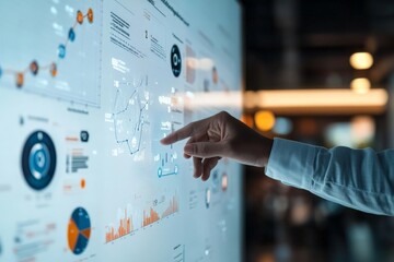 Poster - A person interacts with a digital screen displaying intricate financial charts and graphs, symbolizing modern data analysis and business intelligence.