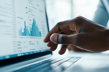 Poster - a person's hand reaching towards a detailed financial report on a laptop screen, symbolizing engagem
