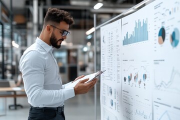 Poster - A professional examines detailed financial graphs and charts on a whiteboard, focusing on data analysis, business strategy, and digital transformation.