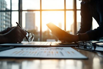 Poster - A business team works together in a sunlit office space, engaging over laptops for innovative solutions and effective management through collaborative strategies.