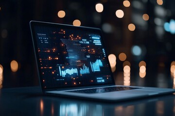 Poster - Laptop screen displaying abstract and intricate digital data visualizations set against a background of bokeh lights, symbolizing information technology and analytics.