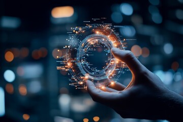 Poster - A hand holds a striking, futuristic digital holographic interface ring, symbolizing advanced technology and innovation in interactive digital experiences.