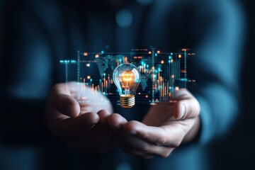 Poster - A pair of hands hold a glowing light bulb surrounded by digital graphs, symbolizing innovation, creativity, and modern technology in a futuristic setting.