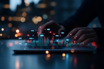Poster - Hands type on a laptop keyboard displaying vibrant digital financial graphs and data, illustrating modern finance, technology, and real-time market analysis.