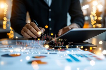 Poster - A professional holds a pen and analyzes data using a digital tablet, with glowing data visuals, reflecting modern business analytics and technology integration.