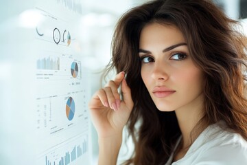 Poster - A confident woman analyzes various graphs and statistical analytics, highlighting digital expertise, clarity, and strategic planning in a tech environment.