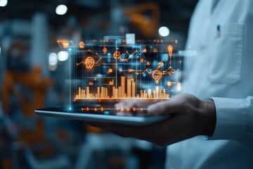 Poster - A person holds a tablet projecting futuristic holographic data and interface graphics, representing advanced technology and innovation in digital information processing.