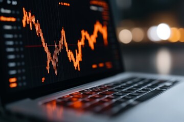 Poster - A laptop displays an orange line graph depicting stock market trends, highlighting data analytics and financial market analysis in a dimly lit environment.