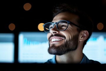 Poster - A man wearing glasses smiles confidently as he analyzes data on a screen, suggesting intelligence, optimism, and tech proficiency in a professional setting.