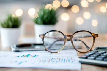 Poster - eyeglasses rest on a desk with papers and a calculator, capturing the essence of study, focus, and f